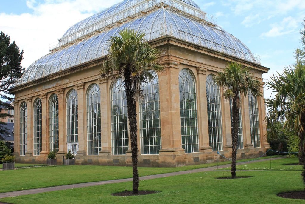 A large glasshouse surrounded by tropical trees
